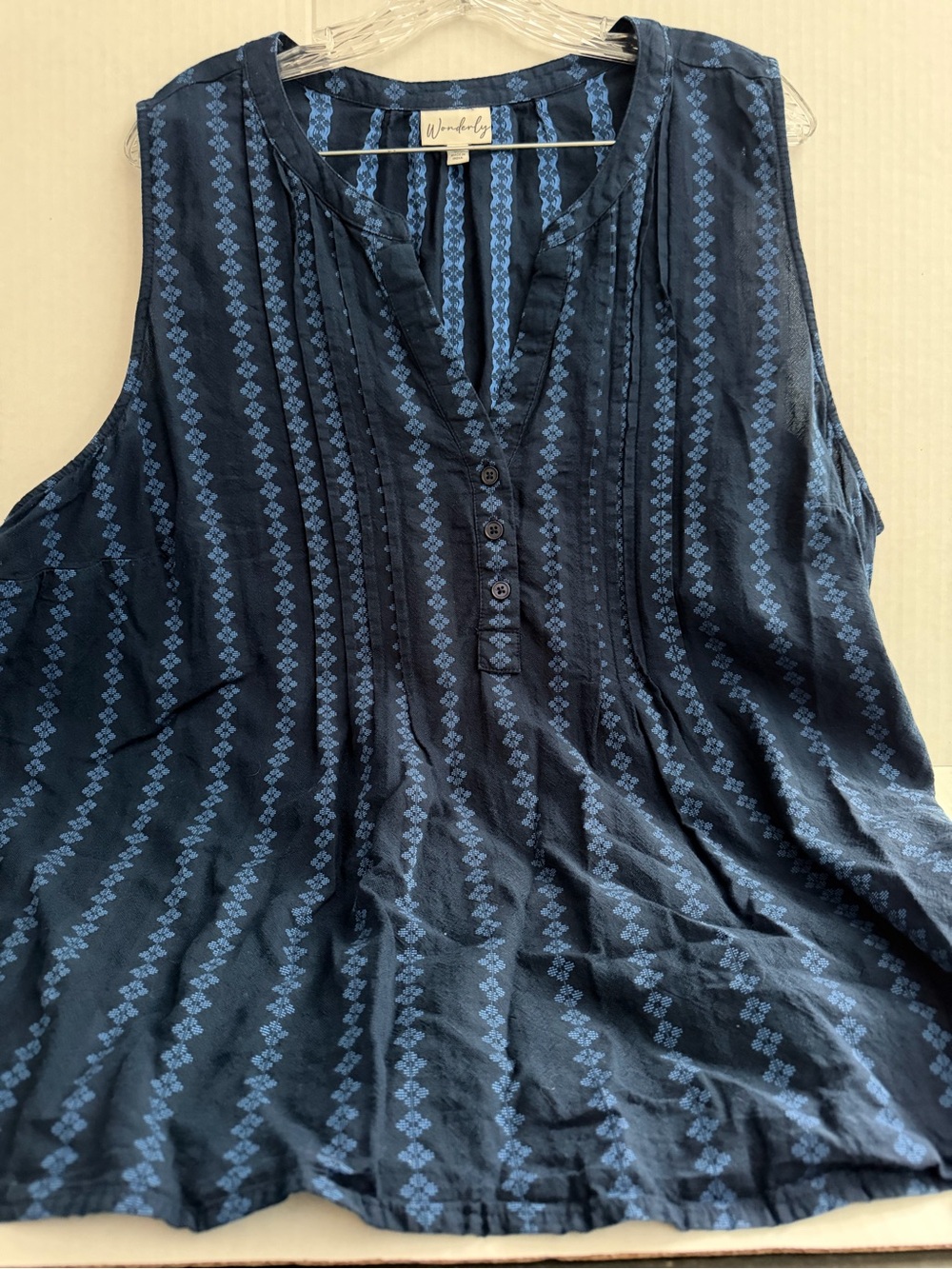 Wonderly Navy Blue Striped Pattern Sleeveless Blouse
